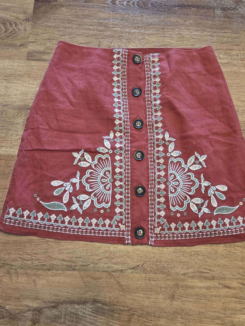 Blue Rain Rust Red Embroidered Button-Front Mini Skirt Linen Blend Small Boho